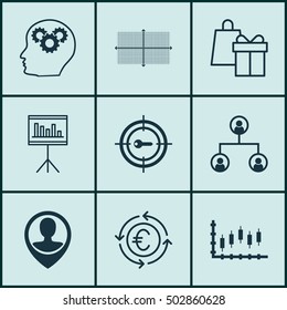 Set Of 9 Universal Editable Icons For Project Management, Travel And SEO Topics. Includes Icons Such As Currency Recycle, Shopping, Keyword Marketing And More.