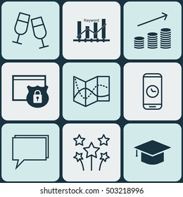 Set Of 9 Universal Editable Icons. Can Be Used For Web, Mobile And App Design. Includes Icons Such As Coins Growth, Road Map, Festive Fireworks And More.