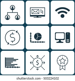 Set Of 9 Universal Editable Icons. Can Be Used For Web, Mobile And App Design. Includes Icons Such As Money, Present Badge, Circle Graph And More.