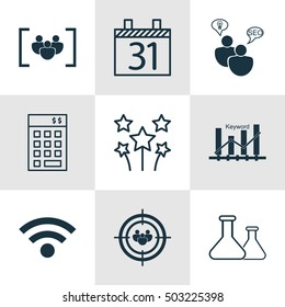 Set Of 9 Universal Editable Icons. Can Be Used For Web, Mobile And App Design. Includes Icons Such As Keyword Optimisation, Focus Group, Investment And More.