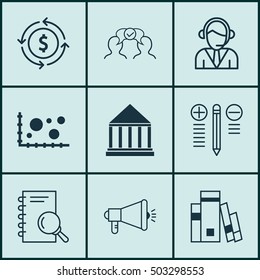 Set Of 9 Universal Editable Icons. Can Be Used For Web, Mobile And App Design. Includes Icons Such As Cooperation, Education Center, Comparison And More.