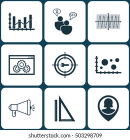 Set Of 9 Universal Editable Icons. Can Be Used For Web, Mobile And App Design. Includes Icons Such As Measurement, Website Performance, Comparison And More.