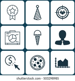 Set Of 9 Universal Editable Icons. Can Be Used For Web, Mobile And App Design. Includes Icons Such As PPC, Birthday Hat, Sequence Graphics And More.