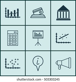 Set Of 9 Universal Editable Icons. Can Be Used For Web, Mobile And App Design. Includes Icons Such As Credit Card, Plot Diagram, Investment And More.