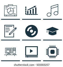 Set Of 9 Universal Editable Icons. Can Be Used For Web, Mobile And App Design. Includes Icons Such As Computer, Chip, Video Player And More.