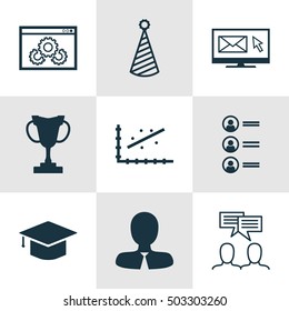 Set Of 9 Universal Editable Icons. Can Be Used For Web, Mobile And App Design. Includes Icons Such As Analytics, Birthday Hat, Discussion And More.