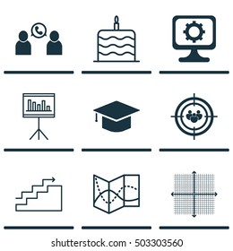 Set Of 9 Universal Editable Icons. Can Be Used For Web, Mobile And App Design. Includes Icons Such As Presentation, Growth, Celebration Cake And More.
