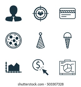 Set Of 9 Universal Editable Icons. Can Be Used For Web, Mobile And App Design. Includes Icons Such As Sequence Graphics, Board, Birthday Hat And More.