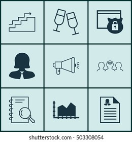 Set Of 9 Universal Editable Icons. Can Be Used For Web, Mobile And App Design. Includes Icons Such As Female Application, Media Campaign, Sequence Graphics And More.