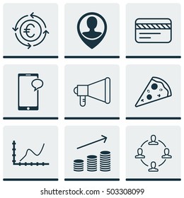 Set Of 9 Universal Editable Icons. Can Be Used For Web, Mobile And App Design. Includes Icons Such As Achievement Graph, Currency Recycle, Sliced Pizza And More.