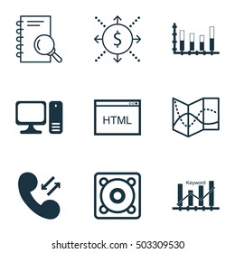 Set Of 9 Universal Editable Icons. Can Be Used For Web, Mobile And App Design. Includes Icons Such As Road Map, Keyword Optimisation, Analysis And More.