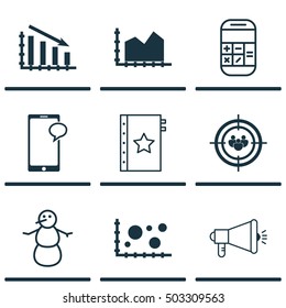 Set Of 9 Universal Editable Icons. Can Be Used For Web, Mobile And App Design. Includes Icons Such As Focus Group, Calculation, Fail Graph And More.