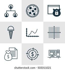 Set Of 9 Universal Editable Icons. Can Be Used For Web, Mobile And App Design. Includes Icons Such As Achievement Graph, Frozen Food, Report And More.