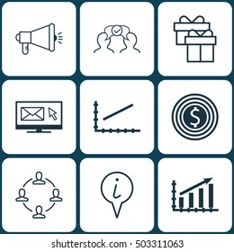 Set Of 9 Universal Editable Icons. Can Be Used For Web, Mobile And App Design. Includes Icons Such As Line Graph, Profit Graph, Present And More.
