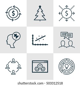 Set Of 9 Universal Editable Icons. Can Be Used For Web, Mobile And App Design. Includes Icons Such As Money Recycle, Human Mind, Decorated Tree And More.