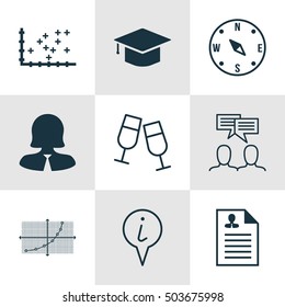 Set Of 9 Universal Editable Icons. Can Be Used For Web, Mobile And App Design. Includes Icons Such As Locate, Curriculum Vitae, Line Up And More.
