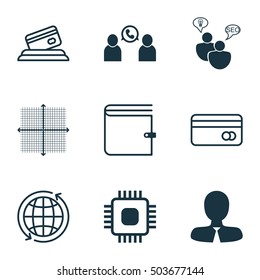 Set Of 9 Universal Editable Icons. Can Be Used For Web, Mobile And App Design. Includes Icons Such As SEO Brainstorm, Graphical Grid, Phone Conference And More.