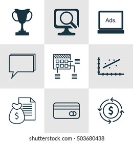 Set Of 9 Universal Editable Icons. Can Be Used For Web, Mobile And App Design. Includes Icons Such As Digital Media, Conference, Money Recycle And More.
