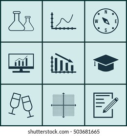 Set Of 9 Universal Editable Icons. Can Be Used For Web, Mobile And App Design. Includes Icons Such As Fail Graph, Champagne Glasses, Graphical Grid And More.
