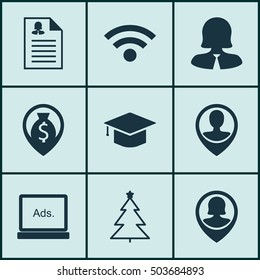 Set Of 9 Universal Editable Icons. Includes Elements Such As Pin Employee, Graduation, Wireless And More