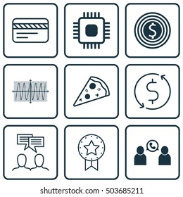 Set Of 9 Universal Editable Icons. Can Be Used For Web, Mobile And App Design. Includes Icons Such As Sliced Pizza, Chip, Cosinus Diagram And More.