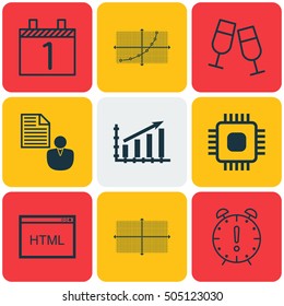 Set Of 9 Universal Editable Icons. Can Be Used For Web, Mobile And App Design. Includes Icons Such As Coding, Profit Graph, Report And More.