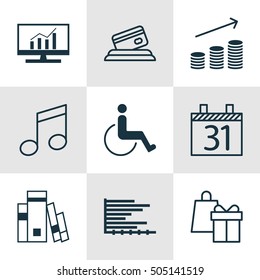 Set Of 9 Universal Editable Icons. Can Be Used For Web, Mobile And App Design. Includes Icons Such As Bars Chart, Library, Coins Growth And More.