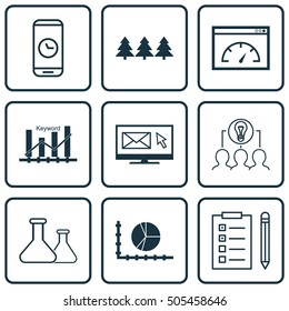 Set Of 9 Universal Editable Icons. Can Be Used For Web, Mobile And App Design. Includes Icons Such As Keyword Optimisation, Circle Graph, Reminder And More.