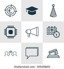 Set Of 9 Universal Editable Icons. Can Be Used For Web, Mobile And App Design. Includes Icons Such As Birthday Hat, Conference, Announcement And More.