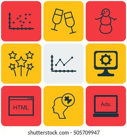 Set Of 9 Universal Editable Icons. Can Be Used For Web, Mobile And App Design. Includes Icons Such As Human Mind, Plot Diagram, PC And More.