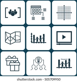 Set Of 9 Universal Editable Icons. Can Be Used For Web, Mobile And App Design. Includes Icons Such As Road Map, Schedule, Video Player And More.