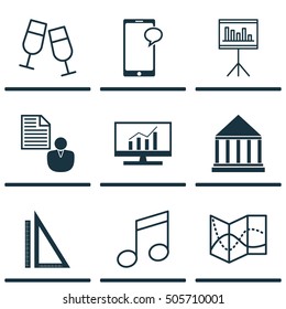 Set Of 9 Universal Editable Icons. Can Be Used For Web, Mobile And App Design. Includes Icons Such As Market Research, Education Center, Presentation And More.