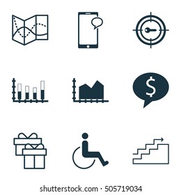 Set Of 9 Universal Editable Icons. Can Be Used For Web, Mobile And App Design. Includes Icons Such As Accessibility, Present, Segmented Bar Graph And More.