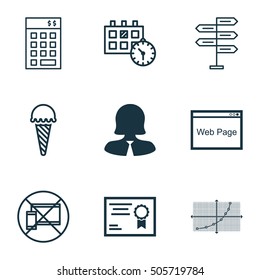 Set Of 9 Universal Editable Icons. Can Be Used For Web, Mobile And App Design. Includes Icons Such As Website, Forbidden Mobile, Frozen Food And More.