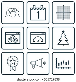 Set Of 9 Universal Editable Icons. Can Be Used For Web, Mobile And App Design. Includes Icons Such As Graphical Grid, Loading Speed, Website Performance And More.