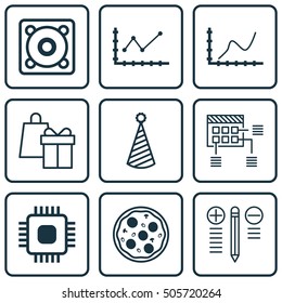 Set Of 9 Universal Editable Icons. Can Be Used For Web, Mobile And App Design. Includes Icons Such As Chip, Changes Graph, Shopping And More.