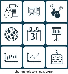 Set Of 9 Universal Editable Icons. Can Be Used For Web, Mobile And App Design. Includes Icons Such As Celebration Cake, Date, Stock Market And More.