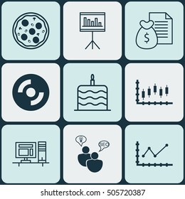 Set Of 9 Universal Editable Icons. Can Be Used For Web, Mobile And App Design. Includes Icons Such As Stock Market, Blank Cd, Report And More.
