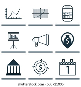 Set Of 9 Universal Editable Icons. Can Be Used For Web, Mobile And App Design. Includes Icons Such As Achievement Graph, Announcement, Money Recycle And More.