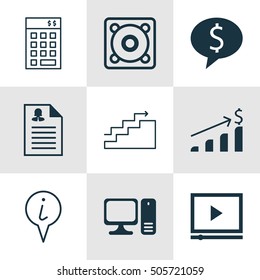 Set Of 9 Universal Editable Icons. Can Be Used For Web, Mobile And App Design. Includes Icons Such As Desktop Computer, Successful Investment, Info Pointer And More.
