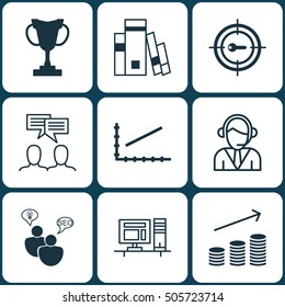 Set Of 9 Universal Editable Icons. Can Be Used For Web, Mobile And App Design. Includes Icons Such As Operator, SEO Brainstorm, Library And More.