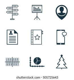 Set Of 9 Universal Editable Icons. Can Be Used For Web, Mobile And App Design. Includes Icons Such As Curriculum Vitae, Decorated Tree, Presentation And More.