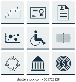 Set Of 9 Universal Editable Icons. Can Be Used For Web, Mobile And App Design. Includes Icons Such As Business Goal, Curriculum Vitae, Education Center And More.