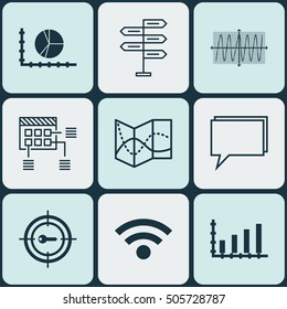 Set Of 9 Universal Editable Icons. Can Be Used For Web, Mobile And App Design. Includes Icons Such As Cosinus Diagram, Conference, Wireless And More.