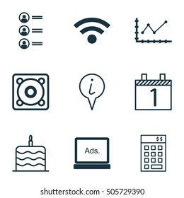 Set Of 9 Universal Editable Icons. Can Be Used For Web, Mobile And App Design. Includes Icons Such As Investment, Music, Changes Graph And More.