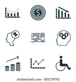 Set Of 9 Universal Editable Icons. Can Be Used For Web, Mobile And App Design. Includes Icons Such As Coins Growth, Brain Process, Computer And More.