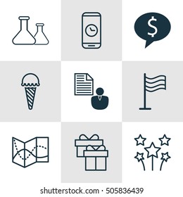 Set Of 9 Universal Editable Icons. Can Be Used For Web, Mobile And App Design. Includes Icons Such As Festive Fireworks, Road Map, Chemical And More.