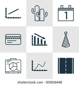 Set Of 9 Universal Editable Icons. Can Be Used For Web, Mobile And App Design. Includes Icons Such As Photo Camera, Birthday Hat, Achievement Graph And More.