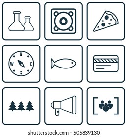Set Of 9 Universal Editable Icons. Can Be Used For Web, Mobile And App Design. Includes Icons Such As Announcement, Sliced Pizza, Fishing And More.