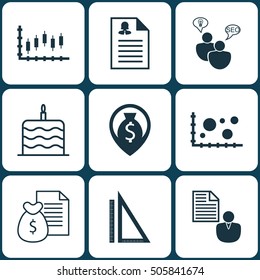 Set Of 9 Universal Editable Icons. Can Be Used For Web, Mobile And App Design. Includes Icons Such As Celebration Cake, Female Application, Stock Market And More.